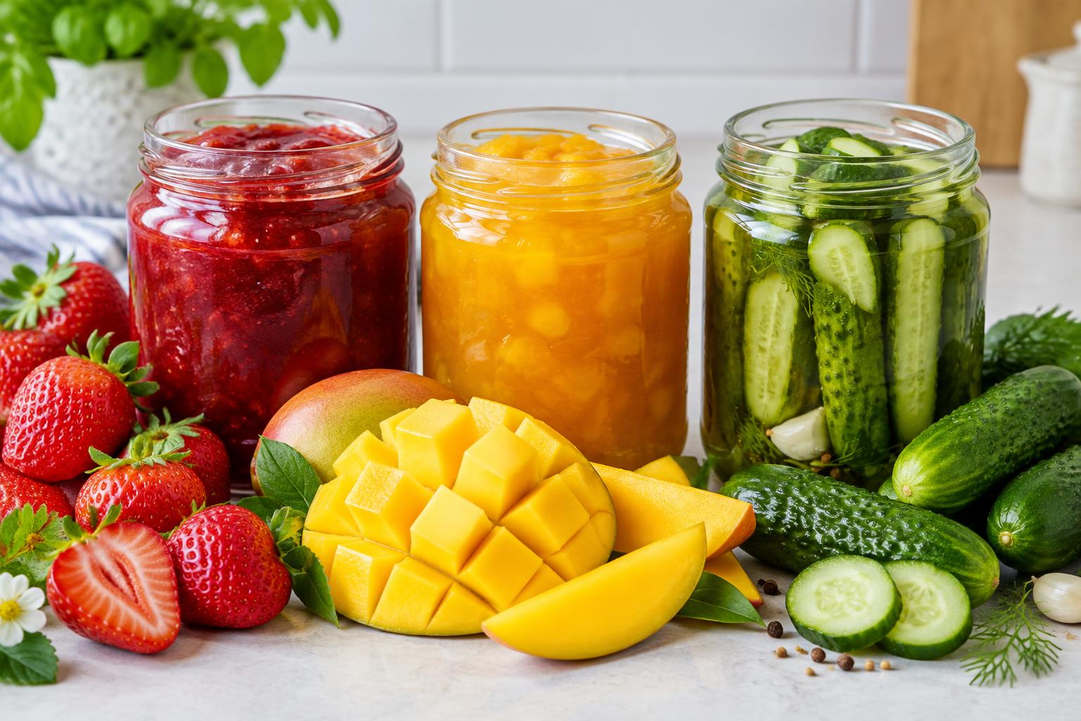 Colorful strawberry and mango preserves with cucumber pickles — illustrative image