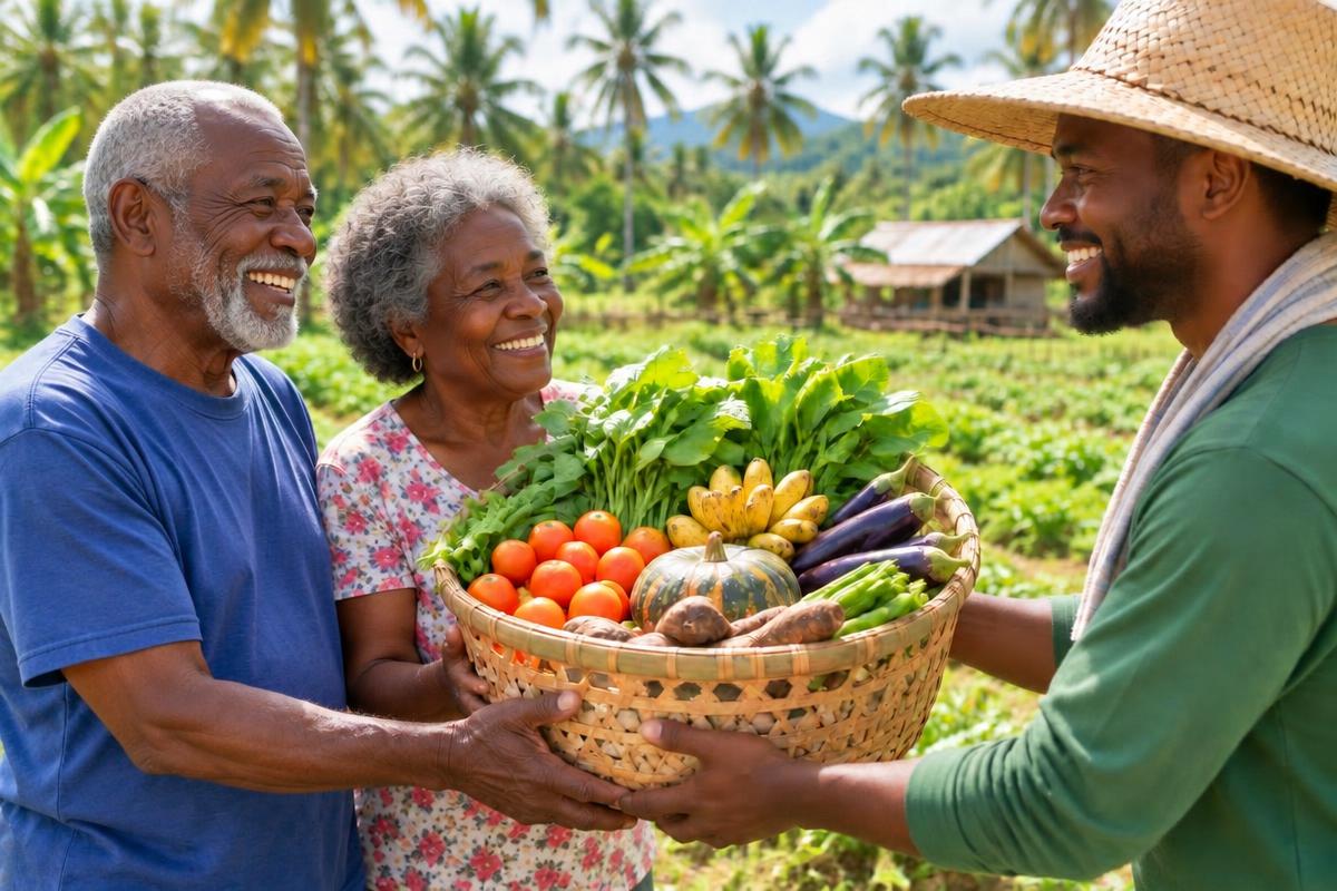 The farmer handing an elderly couple a woven basket filled with fresh vegetables and fruit.