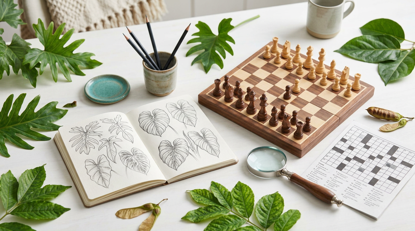 Botanical sketchbook, crossword, magnifying glass and wooden chessboard for learning and recreation
