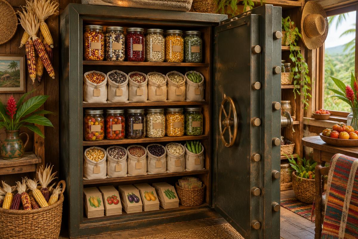 An open farm vault holding glass jars and cloth bags filled with colorful vegetable seeds