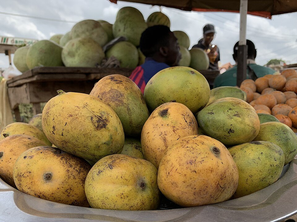 Ripe mangoes at a market